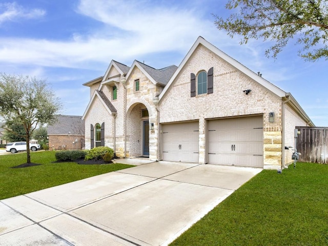 french provincial home featuring a garage and a front lawn