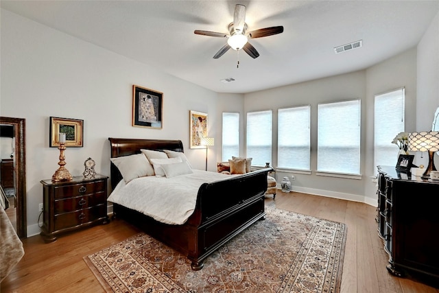 bedroom featuring ceiling fan and light wood-type flooring