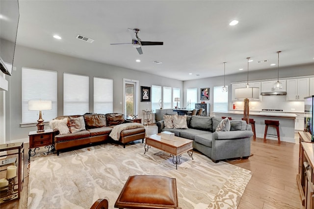 living room with light hardwood / wood-style floors and ceiling fan