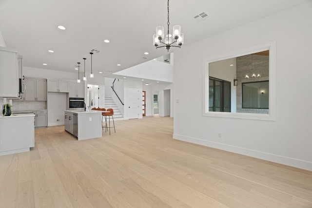 kitchen featuring decorative light fixtures, light wood-type flooring, an island with sink, stainless steel appliances, and backsplash