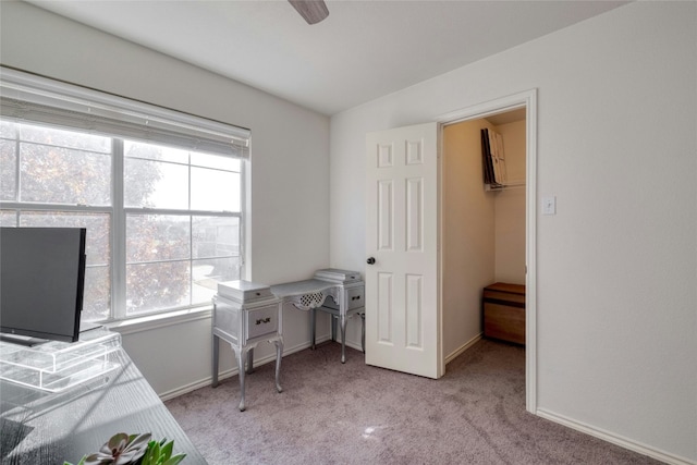 office featuring light colored carpet and ceiling fan