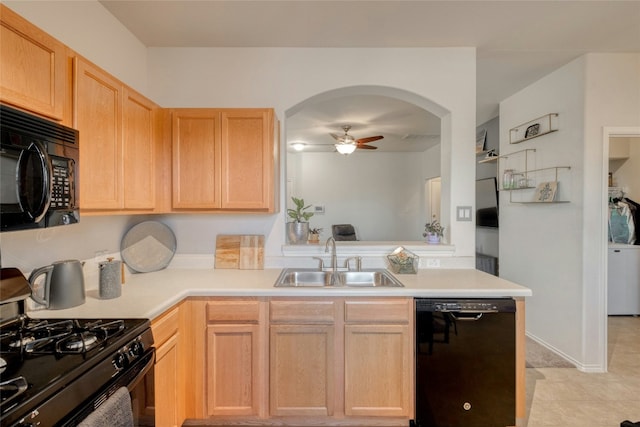 kitchen featuring sink, light brown cabinets, ceiling fan, and black appliances