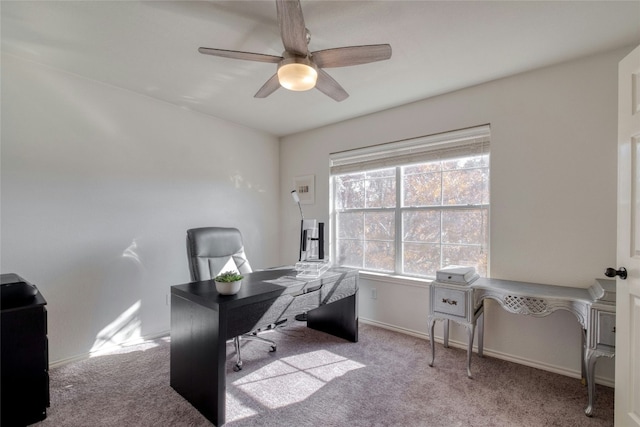 carpeted office space with ceiling fan