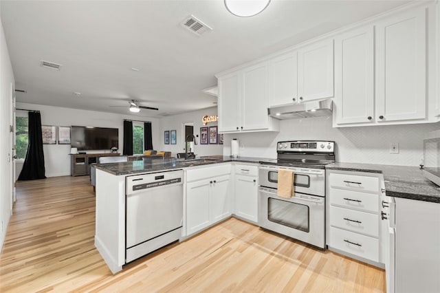 kitchen with white cabinetry, sink, stainless steel appliances, and kitchen peninsula