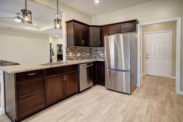 kitchen with sink, appliances with stainless steel finishes, hanging light fixtures, dark brown cabinets, and kitchen peninsula