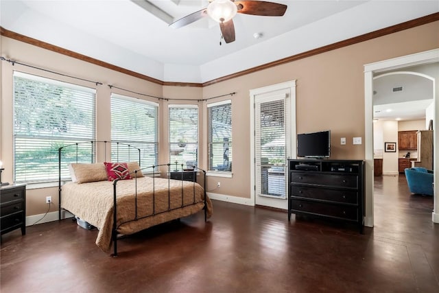 bedroom with ceiling fan and access to outside