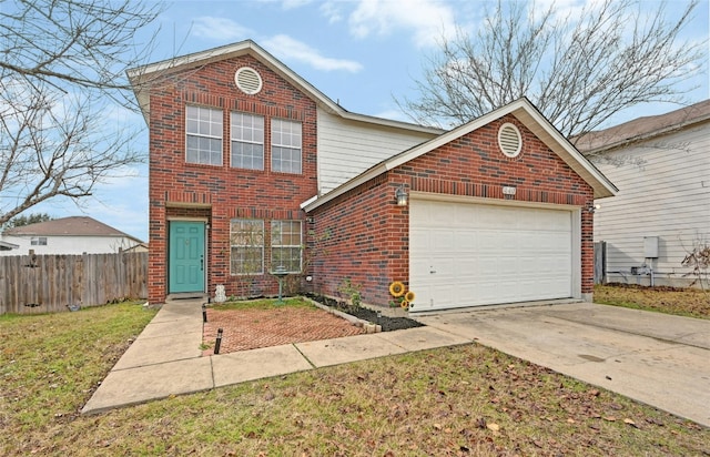 front facade with a garage and a front lawn