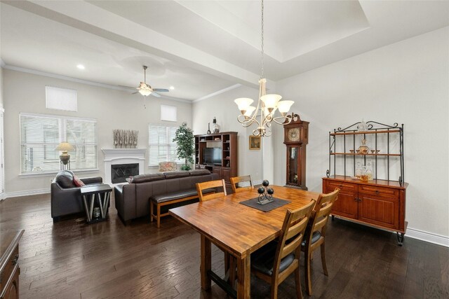204 Delfino Cir, Lakeway, TX 78734 - dining room featuring healthy amount of natural light, dark wood-style flooring, a fireplace, a ceiling fan, and recessed lighting
