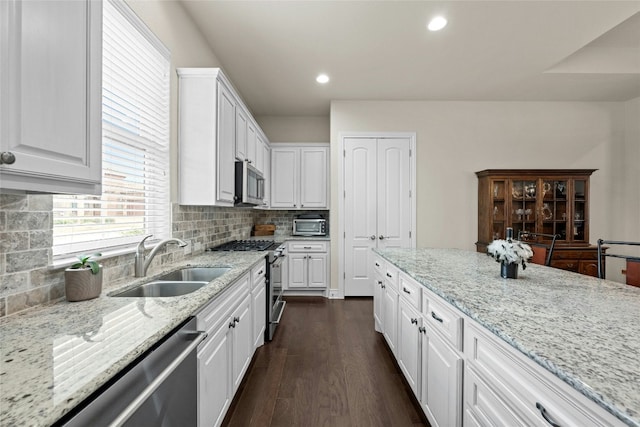 204 Delfino Cir, Lakeway, TX 78734 - kitchen featuring appliances with stainless steel finishes, white cabinets, dark wood-style flooring, light stone countertops, and backsplash