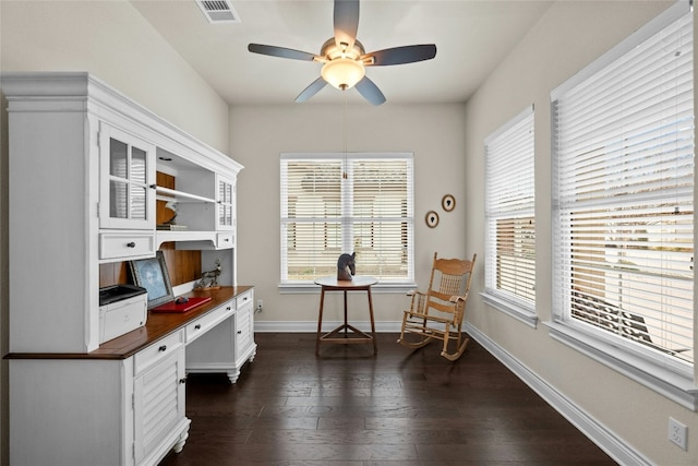 office area with dark hardwood / wood-style floors and ceiling fan