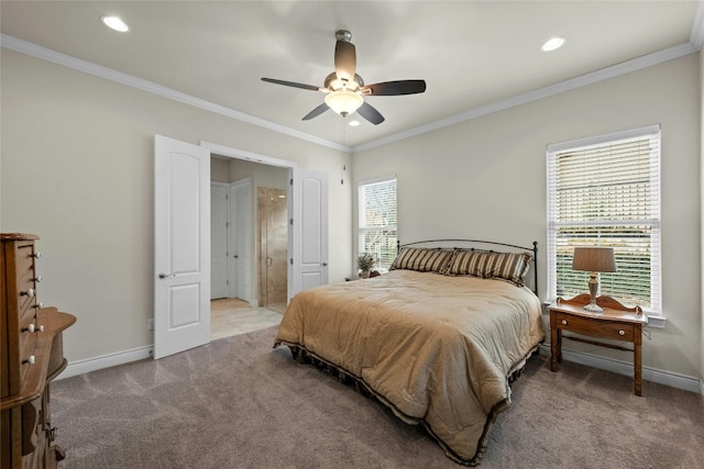 bedroom with light carpet, crown molding, and multiple windows