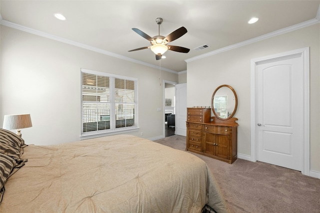 bedroom with crown molding, ceiling fan, and light carpet