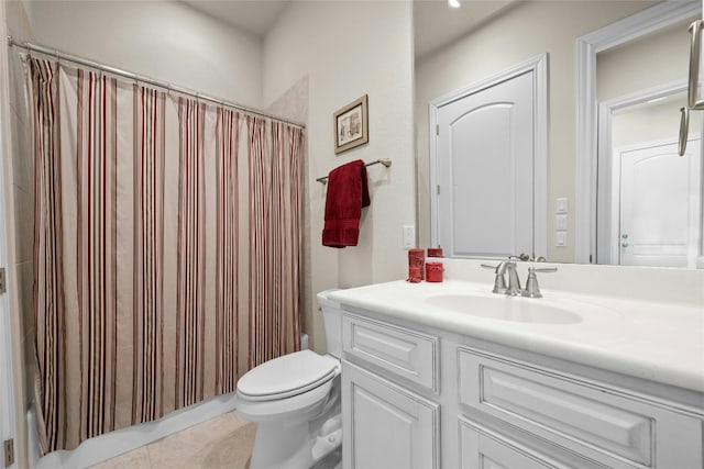 full bathroom with shower / tub combo with curtain, vanity, toilet, and tile patterned floors