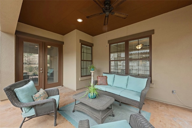 view of patio / terrace with french doors, ceiling fan, and an outdoor living space