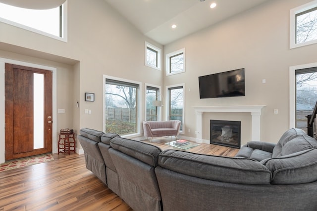 living room with a towering ceiling and light hardwood / wood-style flooring