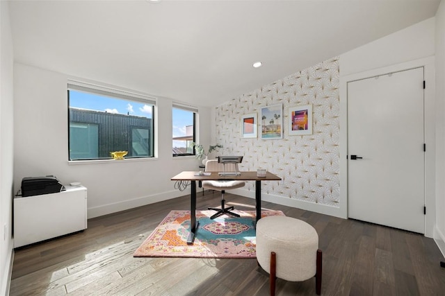 office featuring wood-type flooring and lofted ceiling