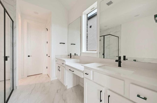 586 Biscayne Bay Bnd, Kyle, TX 78640 - bathroom featuring a marble finish shower, two vanities, and marble finish flooring
