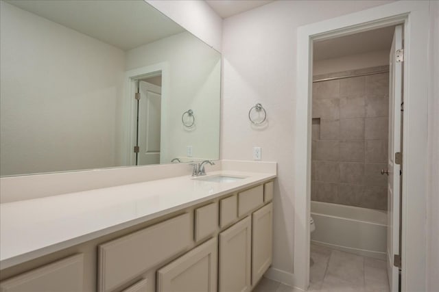 full bath featuring toilet, shower / washtub combination, vanity, and tile patterned flooring