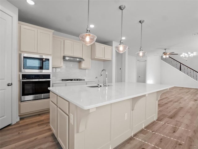 kitchen featuring light wood-type flooring, a sink, under cabinet range hood, tasteful backsplash, and stainless steel appliances