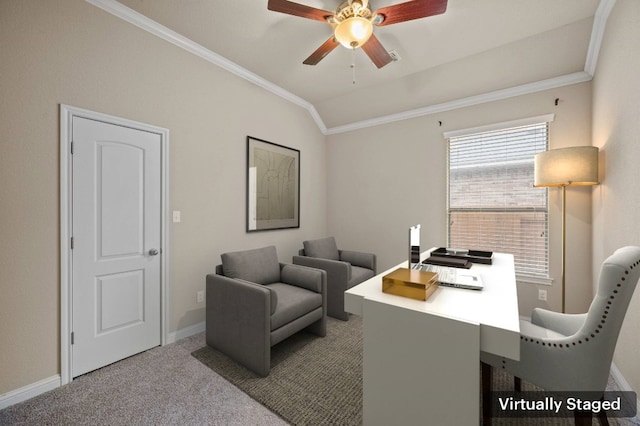 home office featuring crown molding, lofted ceiling, carpet floors, and ceiling fan