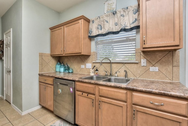 kitchen featuring light tile patterned flooring, dishwasher, sink, and tasteful backsplash