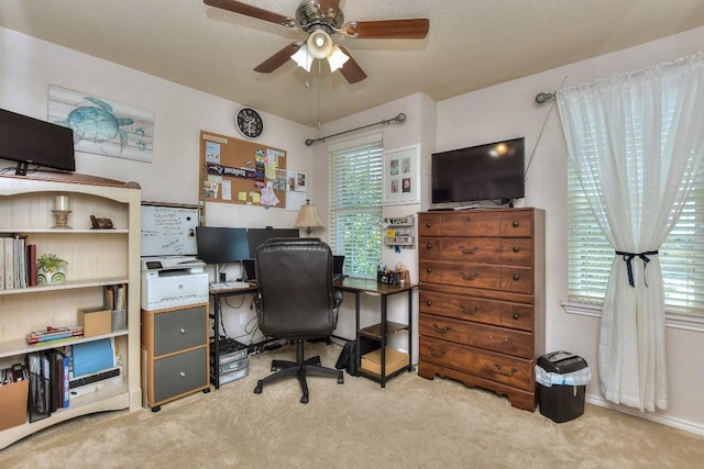 carpeted office space featuring ceiling fan and a wealth of natural light