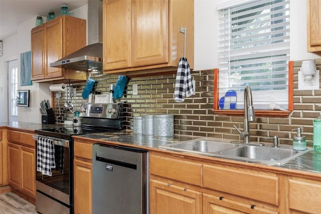 kitchen with stainless steel electric range oven, dishwasher, sink, backsplash, and wall chimney exhaust hood