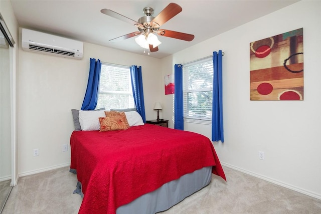 carpeted bedroom with ceiling fan, a wall mounted AC, and multiple windows