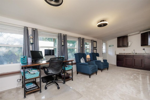 carpeted office space with sink