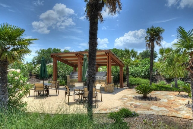 view of community with exterior kitchen and a patio