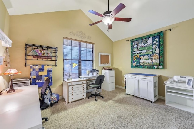 office with ceiling fan, light colored carpet, high vaulted ceiling, and baseboards