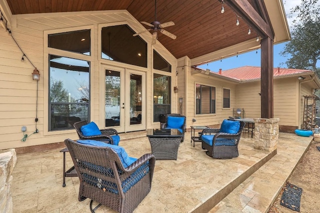 view of patio featuring french doors, an outdoor hangout area, and ceiling fan