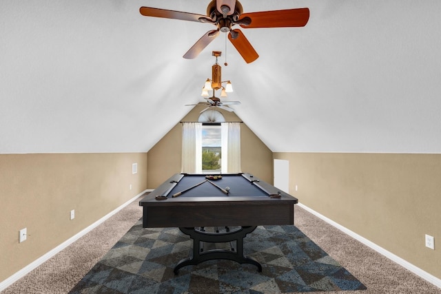 rec room with lofted ceiling, carpet floors, and billiards