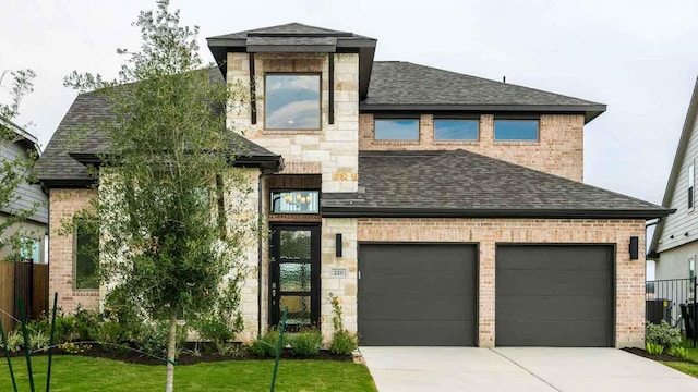 220 La Venta Loop, Liberty Hill, TX 78642 - contemporary home featuring driveway, a shingled roof, a garage, and brick siding