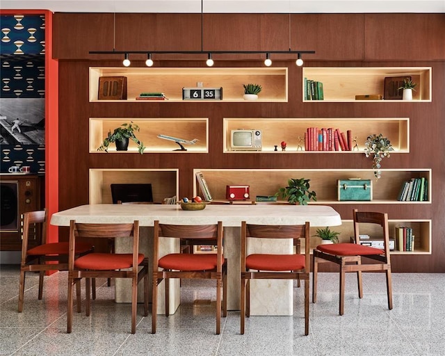 dining area with wood walls