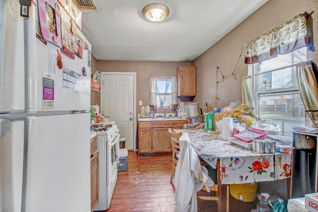 kitchen featuring sink, white appliances, and wood-type flooring