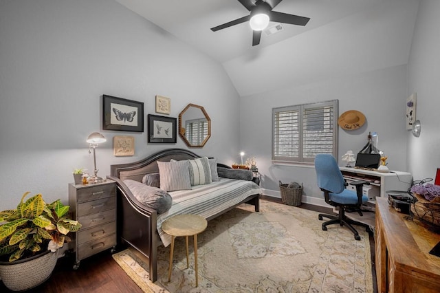 bedroom featuring dark wood-type flooring, ceiling fan, and lofted ceiling