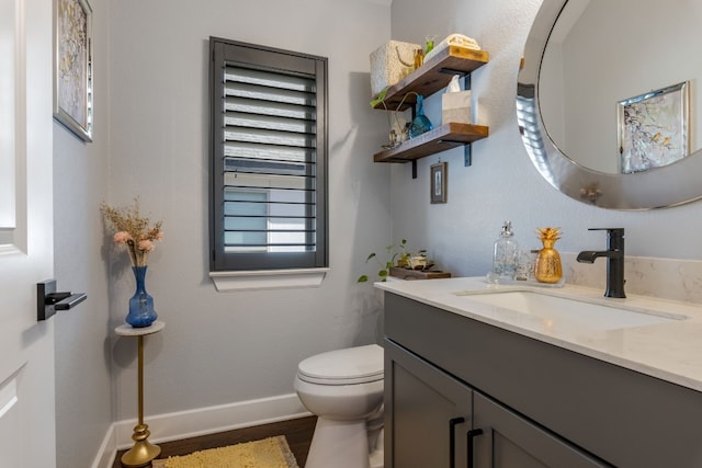 bathroom with vanity, toilet, and wood-type flooring