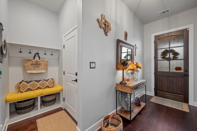 mudroom featuring dark wood-type flooring