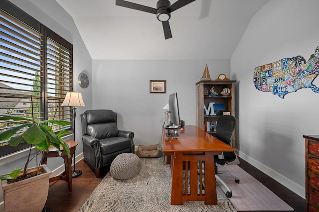 office area with dark wood-type flooring, ceiling fan, and lofted ceiling