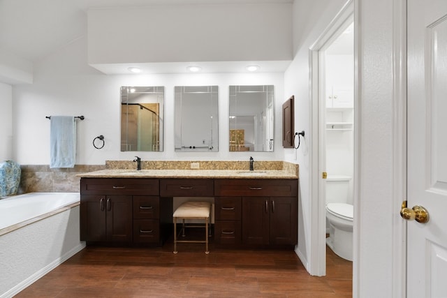 full bathroom with wood-type flooring, plus walk in shower, vanity, and toilet