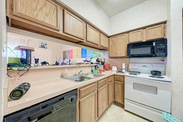 kitchen with light tile patterned floors, sink, a textured ceiling, and black appliances