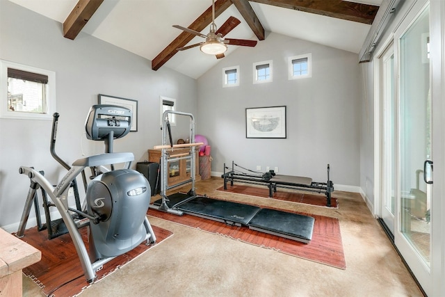 workout area featuring high vaulted ceiling, ceiling fan, and baseboards