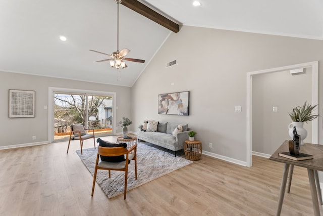 living room with ceiling fan, high vaulted ceiling, beam ceiling, and light hardwood / wood-style floors