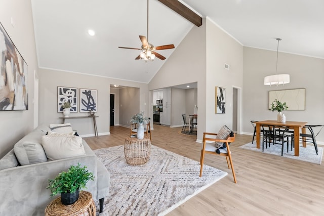 living room with light wood-style flooring, ceiling fan, high vaulted ceiling, beamed ceiling, and baseboards