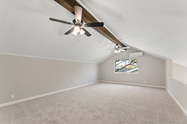 additional living space with vaulted ceiling with beams, a wall mounted air conditioner, and light colored carpet