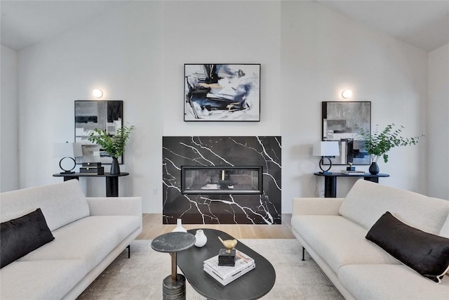 living room with lofted ceiling, hardwood / wood-style floors, and a high end fireplace