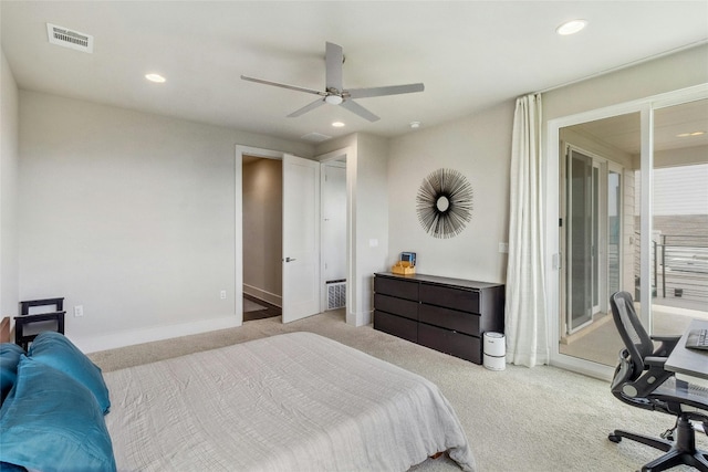 bedroom featuring carpet, access to outside, and ceiling fan