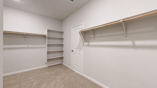 walk in closet featuring light carpet