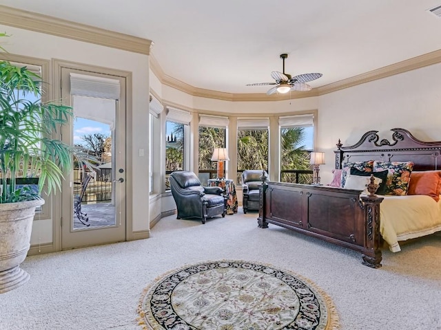 carpeted bedroom featuring ceiling fan, ornamental molding, and access to exterior